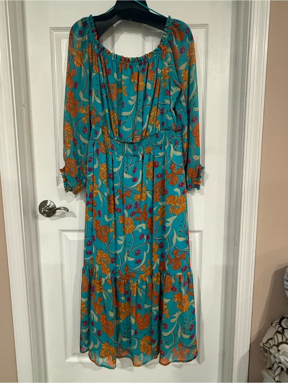 sofia by sofia vergara Teal Floral Long Sleeve Maxi Dress with Orange Print
